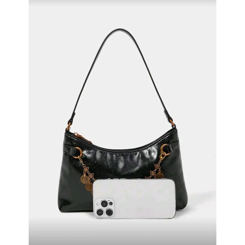 Black Faux‎ Leather Shoulder Bag Coin Charm Boho Evening Bag